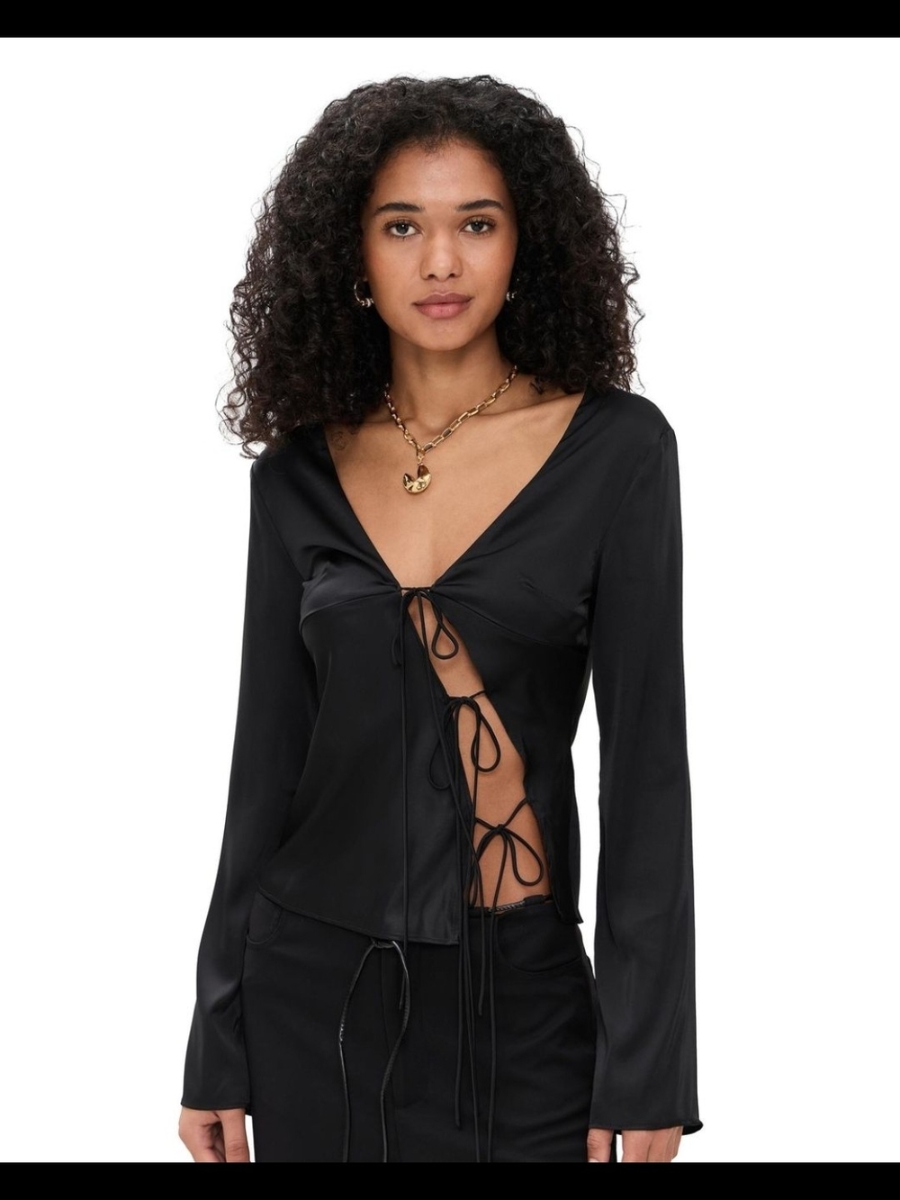 Black Satin Tie-Front Long-Sleeve Blouse